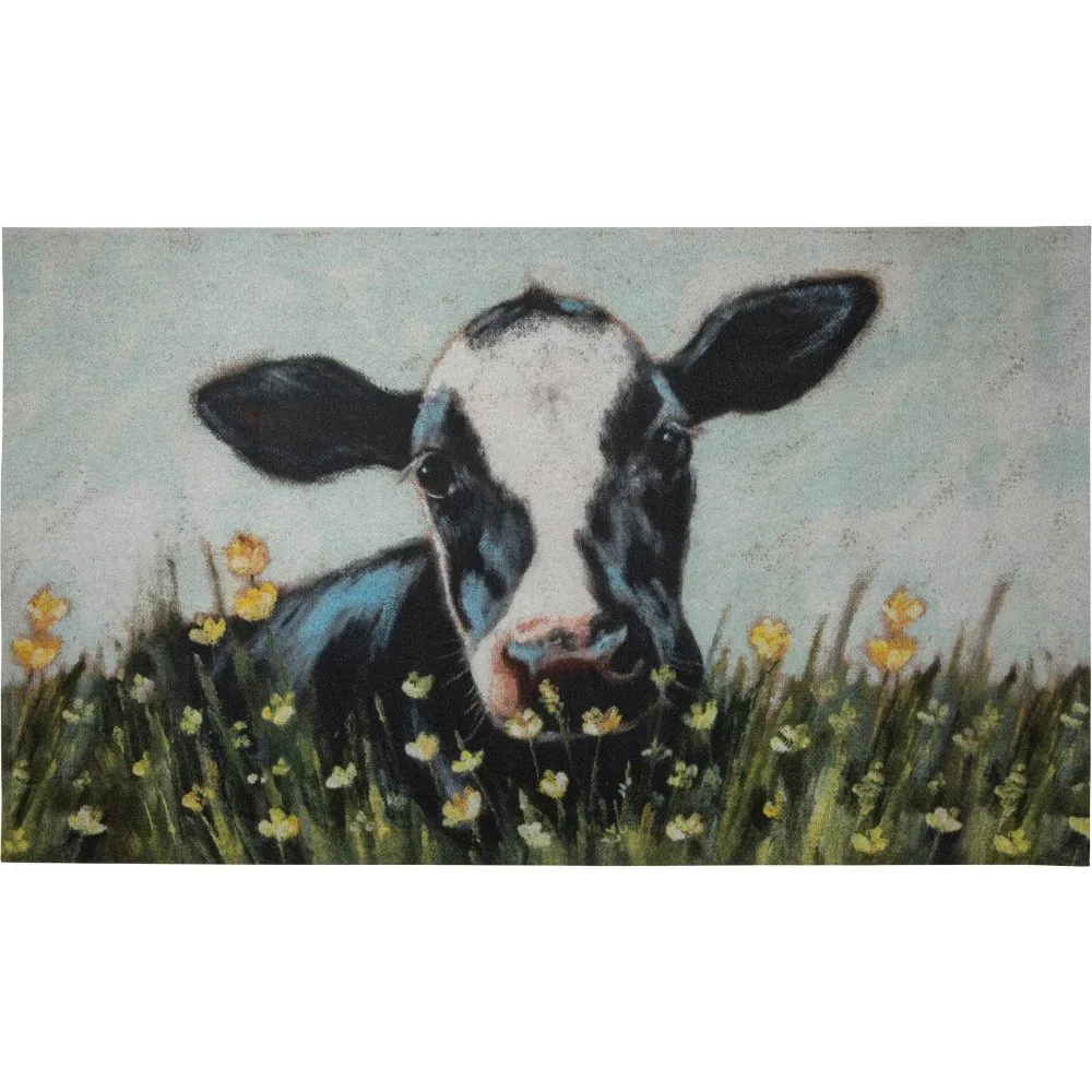 Rug Indoor Outdoor Cow Spring Flowers Doormat Mat Non-skid backing Durable